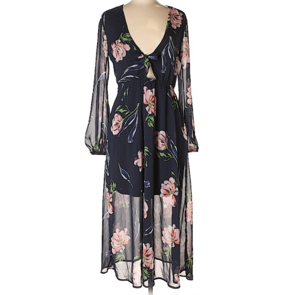 LOVE FIRE Sheer maxi Tie Front Navy Pink Floral Maxi Dress womens size Medium